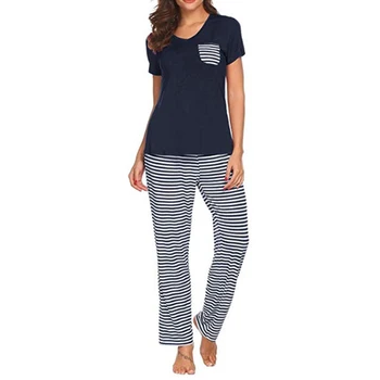 

Soft Women Pajama Set Elastic Waist Loose With Pocket V Neck Breathable Striped Home Top Pants Sleepwear Short Sleeve Casual