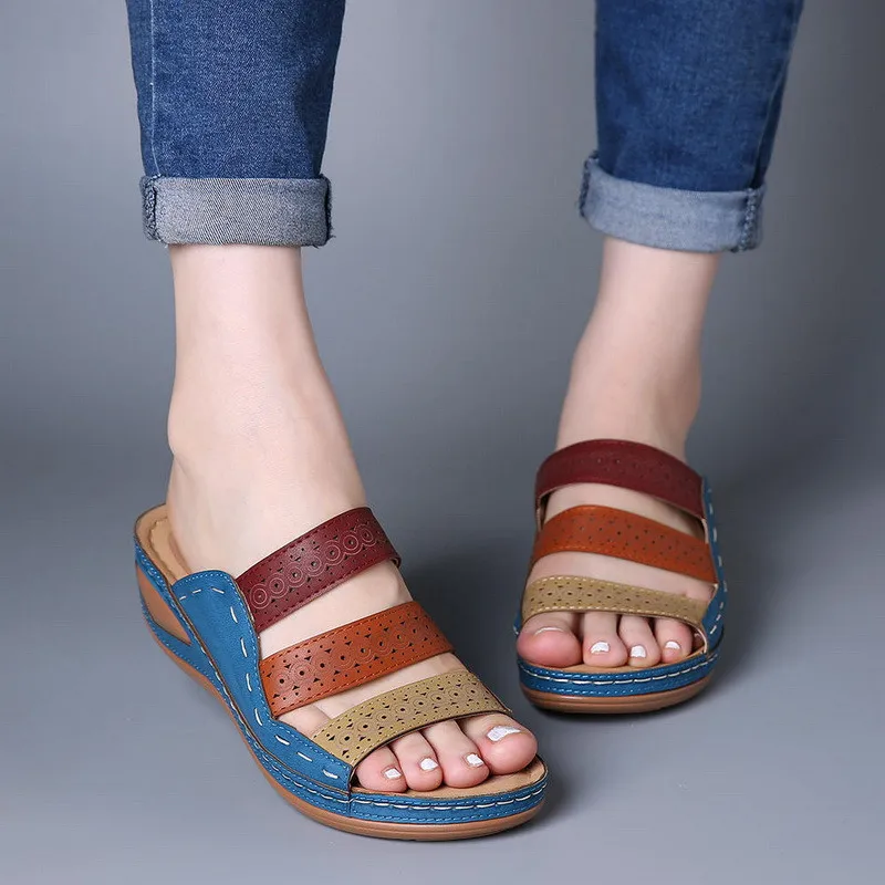 

Women Summer Beach Sandals Open Toe Wedges Vintage Shoes Woman Mid Heels Sandalias Slippers Slides Mujer Sapato Feminino E09