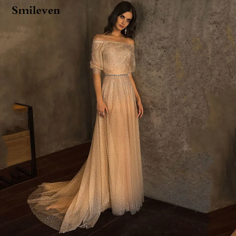 

Smileven Sparkle Sexy A Line Evening Dresses Long Sequined Off The Shoulder Evening Gowns For Party Vestidos Largos Fiesta