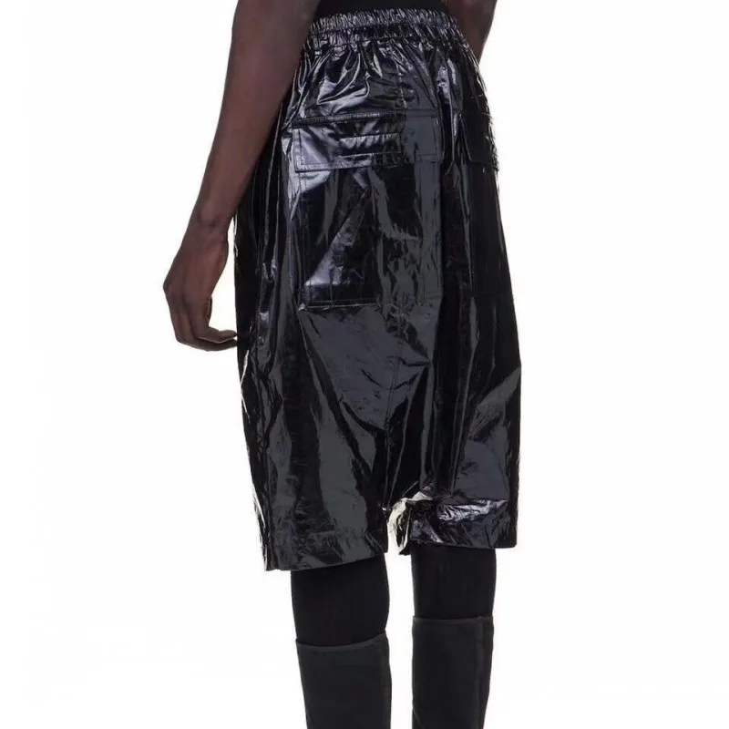 Брендовые Подиумные мужские короткие черные лакированные кожаные шаровары с