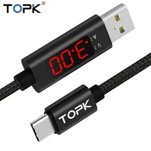 TOPK AC27 3A(макс.) usb type C кабель, QC 3,0 Быстрая зарядка напряжение и ток дисплей нейлоновый Плетеный USB C кабель для синхронизации данных