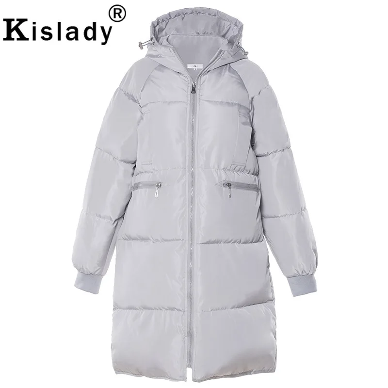 Модная новинка Зимняя женская длинная куртка пуховик с капюшоном черный серый