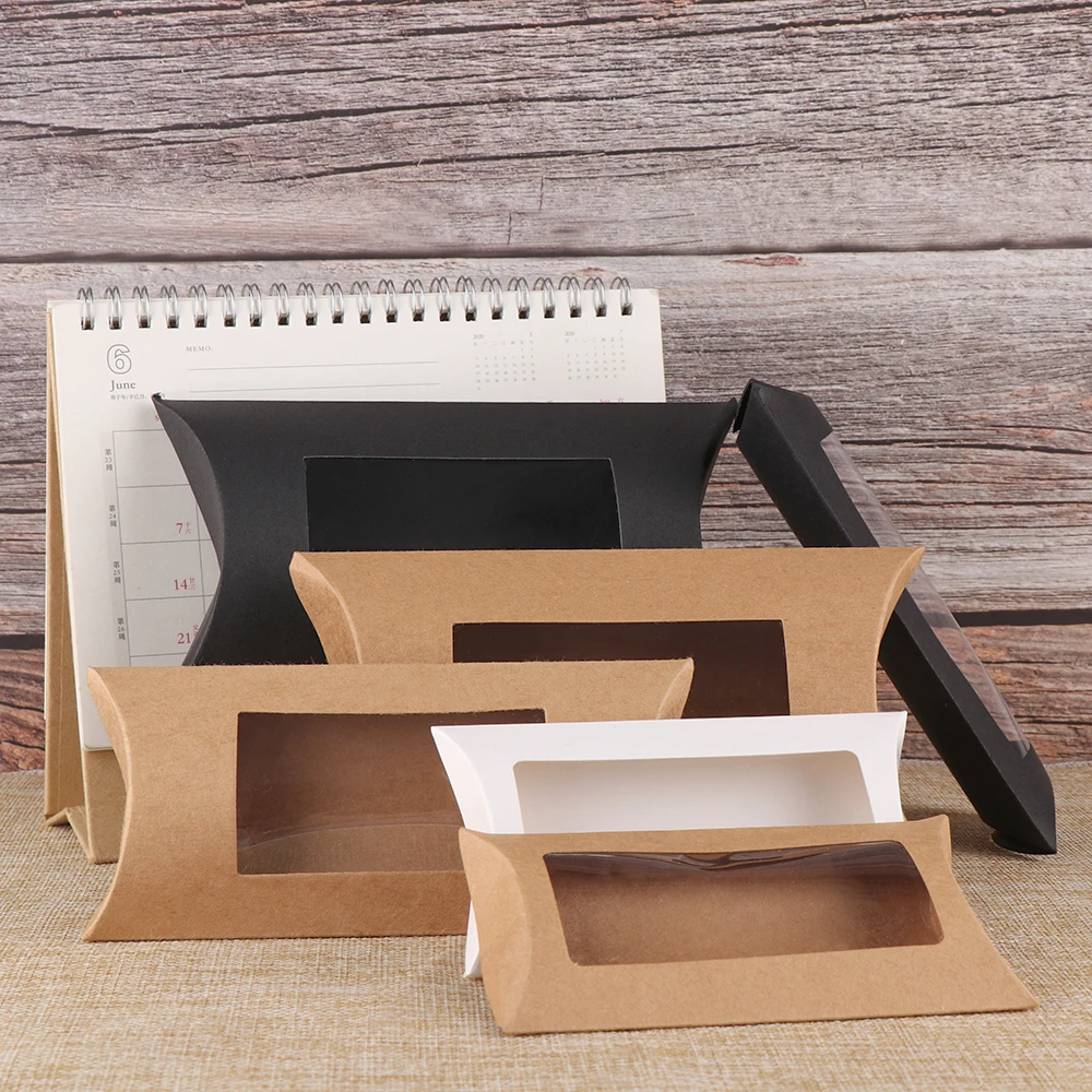 10Pcs Vintage Kraft Paper Gift Box Cake Package Clear PVC Window Candy Wrap Bag