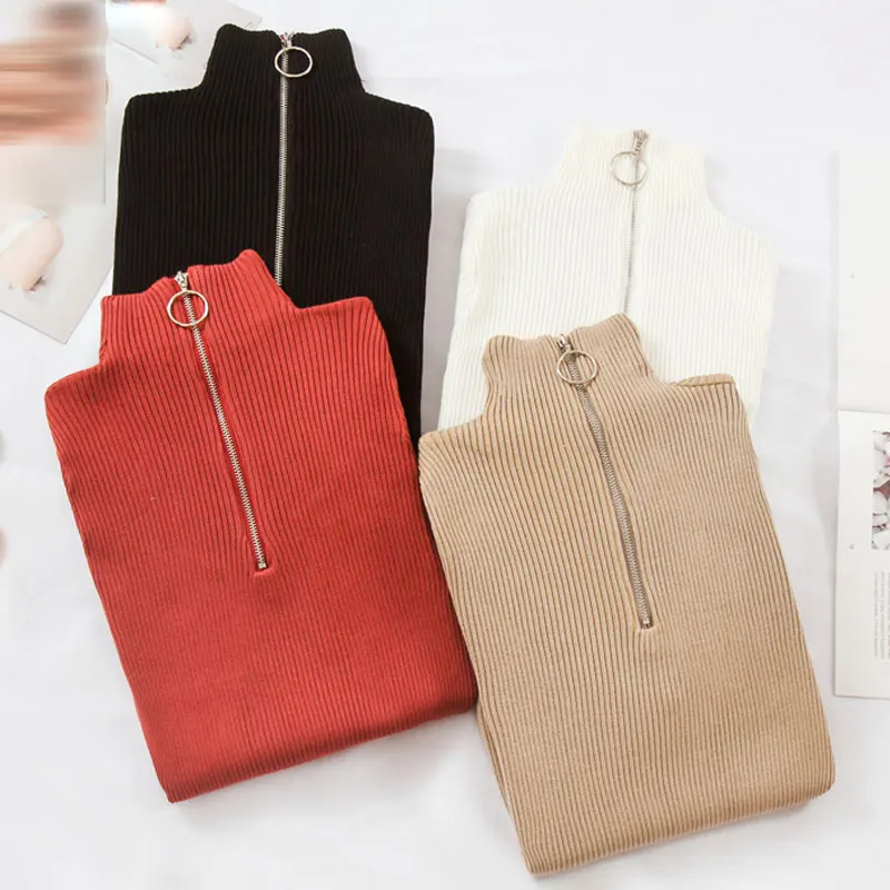 

Casual Zipper Sweater Women Turtleneck Solid Spring Autumn Female Knitted Sweater Pullovers Long Sleeve Chic Soft Jumper Top
