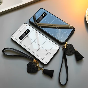 

For Samsung S10 Plus S10e note 10 Pro Case Free strap Lattice Line Glossy Hard Glass Cover For Samsung s10 Lite Note 8 9 Casing