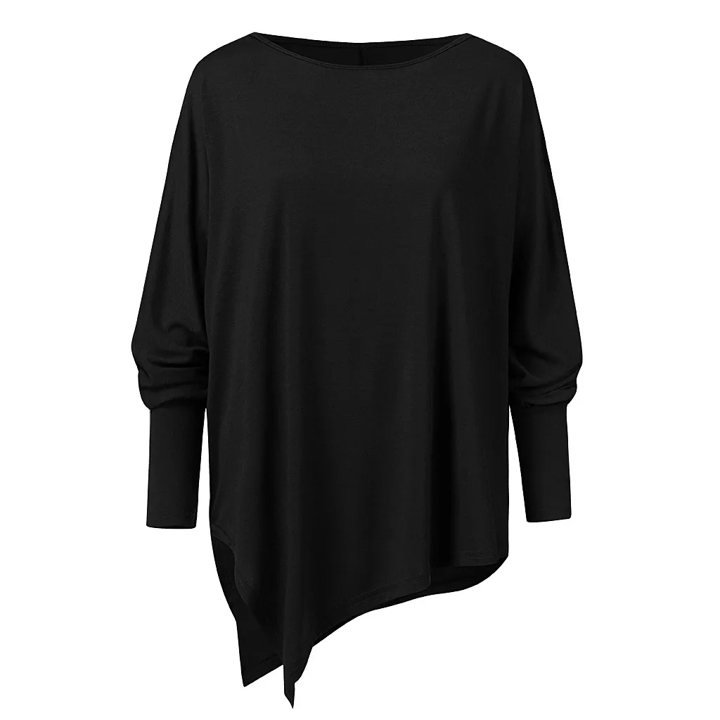 Женский Одноцветный пуловер с длинным рукавом, ассиметричный свободный принт, топы, блузка размера плюс, осенне-зимняя женская блузка с круглым вырезом#50