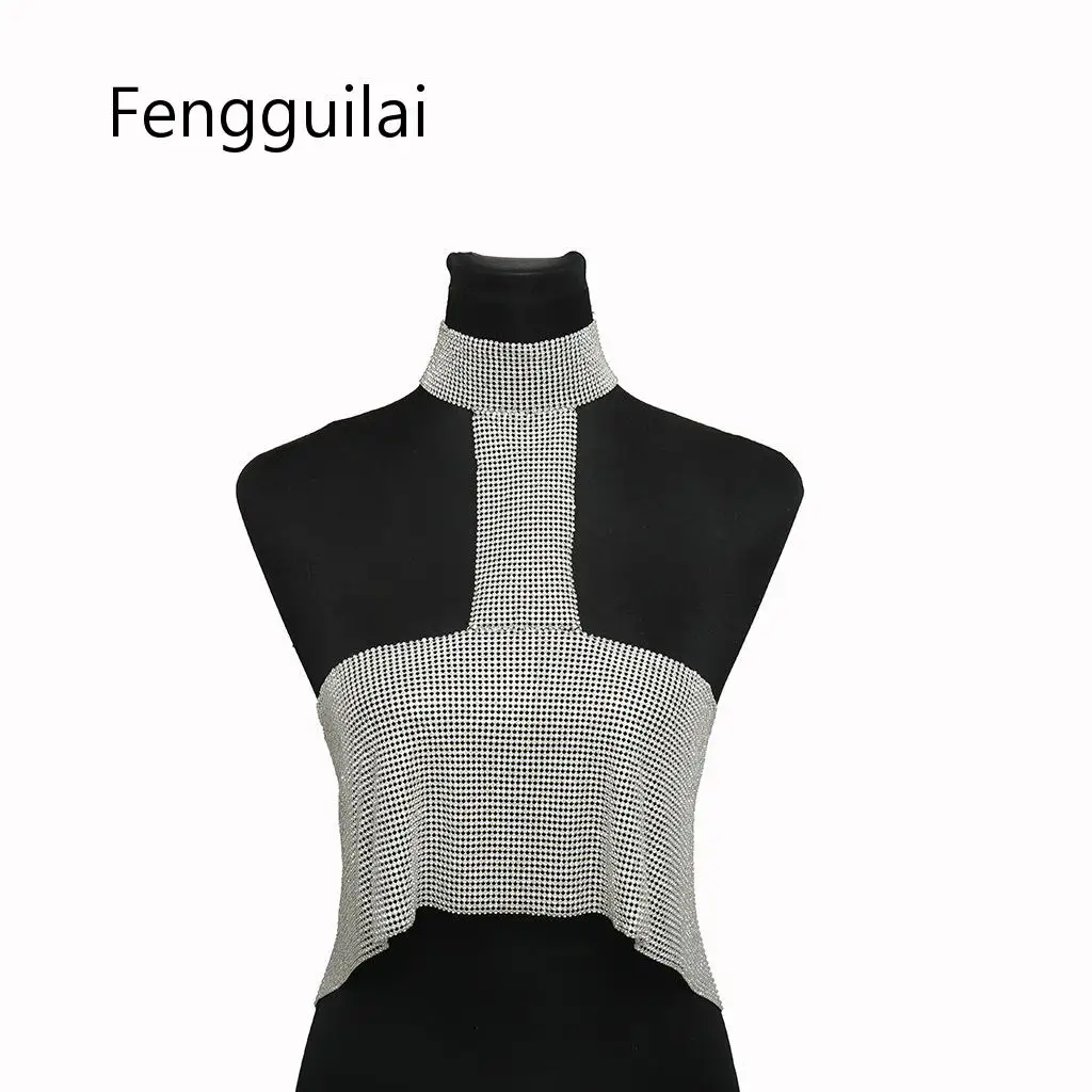 FENGGUILAI, блестящий женский укороченный топ с лямкой через шею, с бриллиантами, серебристо-золотой цвет, с низким вырезом на спине, топы, вечерние топы для ночного клуба