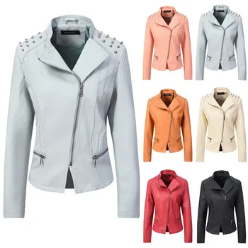 

Ladies Lapel Motor Jacket Women Fashion Biker Punk Leather Jackets Zipper Cropped Tops Long Sleeve Black Coat Streetwear