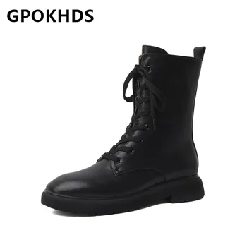 

GPOKHDS 2021 women Ankle boots Cow leather winter short plush Round Toe Zipper Med heels female Riding boots size 39