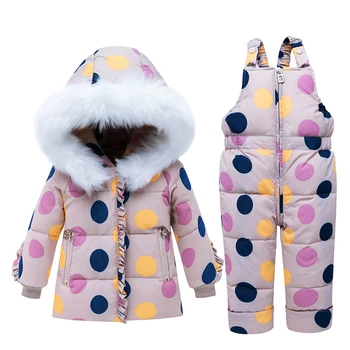 

Winter Baby Girl Clothing Set Warm Children Duck Down Jackets Dot Printed baby girl Snowsuit Ski suit Girl Outerwear Coat+Pants