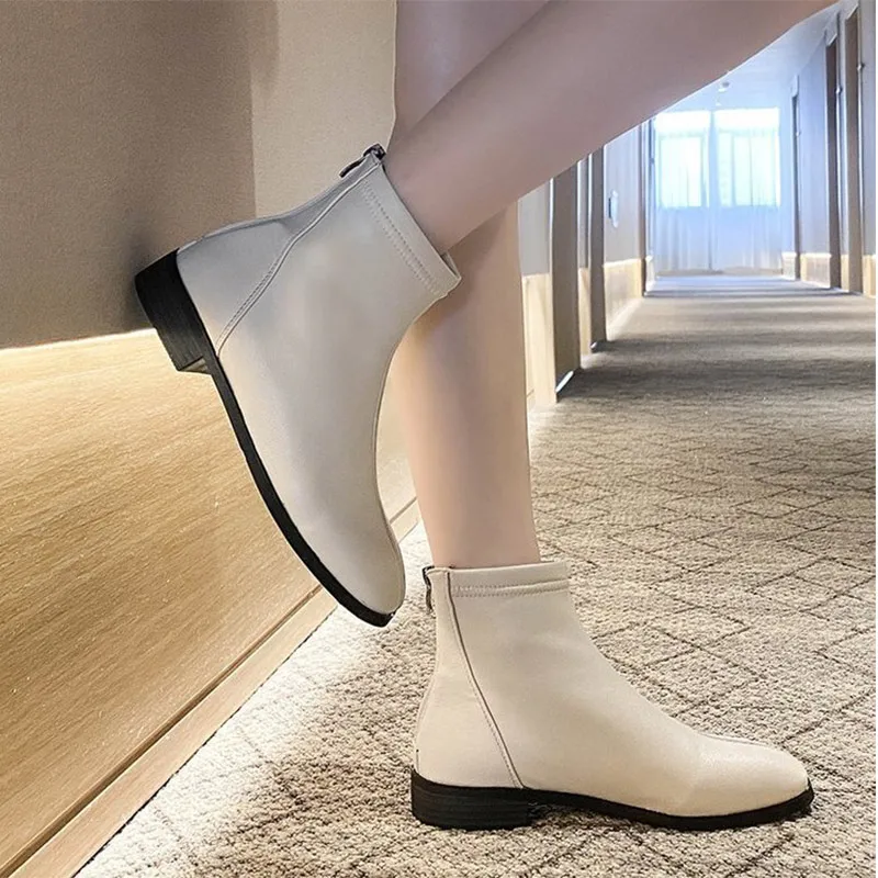 2021 Women Ankle Boots Soft PU Leather Shoes Autumn Ladies Low Heels Zipper Female Plus Size Short Boots Footwear Nice Woman Pop
