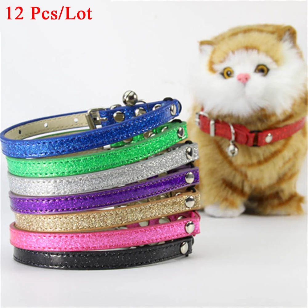 

12 Pcs Colorful Glitter PU Leather Pet Collars For Cat Puppy Neck Kitten Necklace with Bells and Elastic Safety Cat Collar S M L