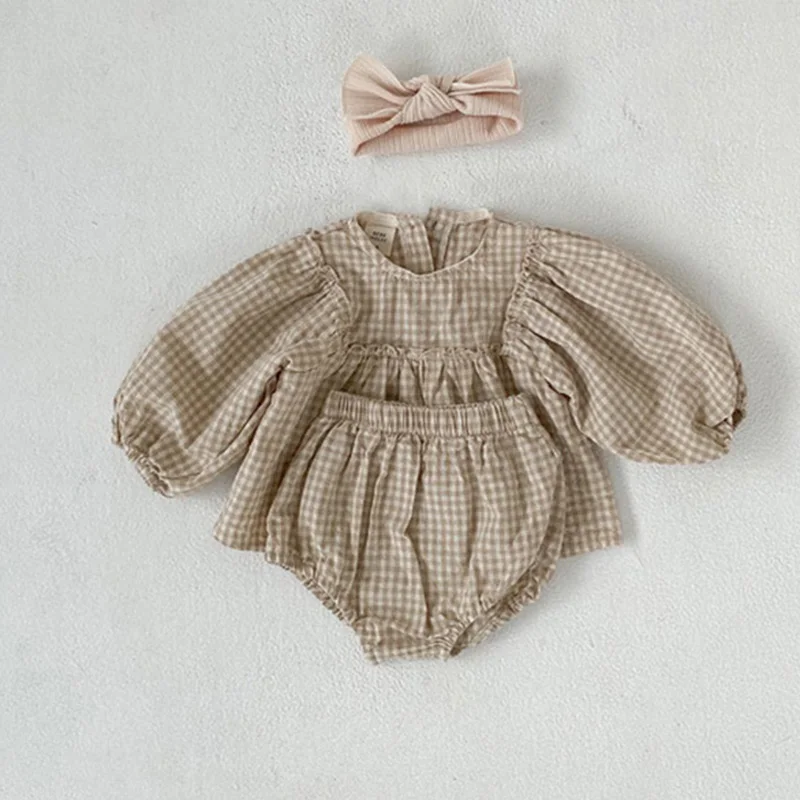 Baby Girls Suit 2022 Baby Girls Clothes Little Plaid Infant Girls Clothes Set Puff Sleeve Blouse + Bloomer 2pcs Toddler Clothes baby clothes mini set