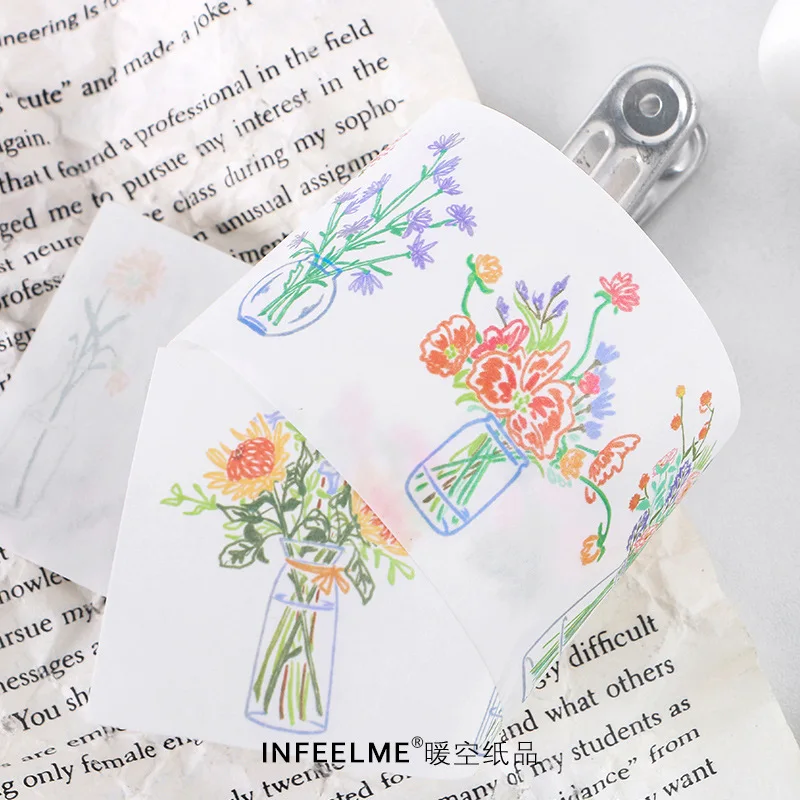 Diario Kawaii Washi-adhesivos de cinta adhesiva para Scrapbooking, papelería, tira larga decorativa, pegatinas para manuales de plantas, flores salvajes
