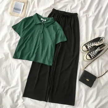 

Fashion suit 2020 new spring women's Korean version of solid color short-sleeved lapel top + wide-leg casual nine-point pants