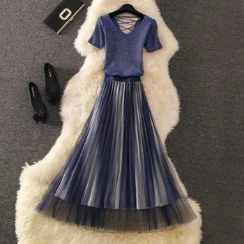 

autumn women sets sexy silk bandage elastic t-shrits and mesh A-line ankle length skirts lady skirts suits top quality