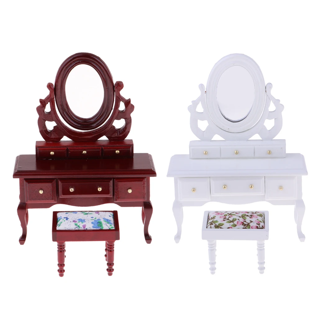 1/12 Dollhouse Bedroom Furniture Miniature Dressing Table And Stool