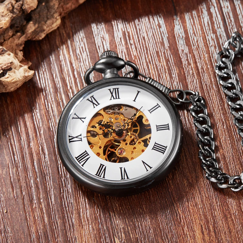 Antique Vintage Watch Necklace Steampunk Skeleton Mechanical Pocket Watch Clock Pendant Hand-winding Men Women Fob Chain Gift