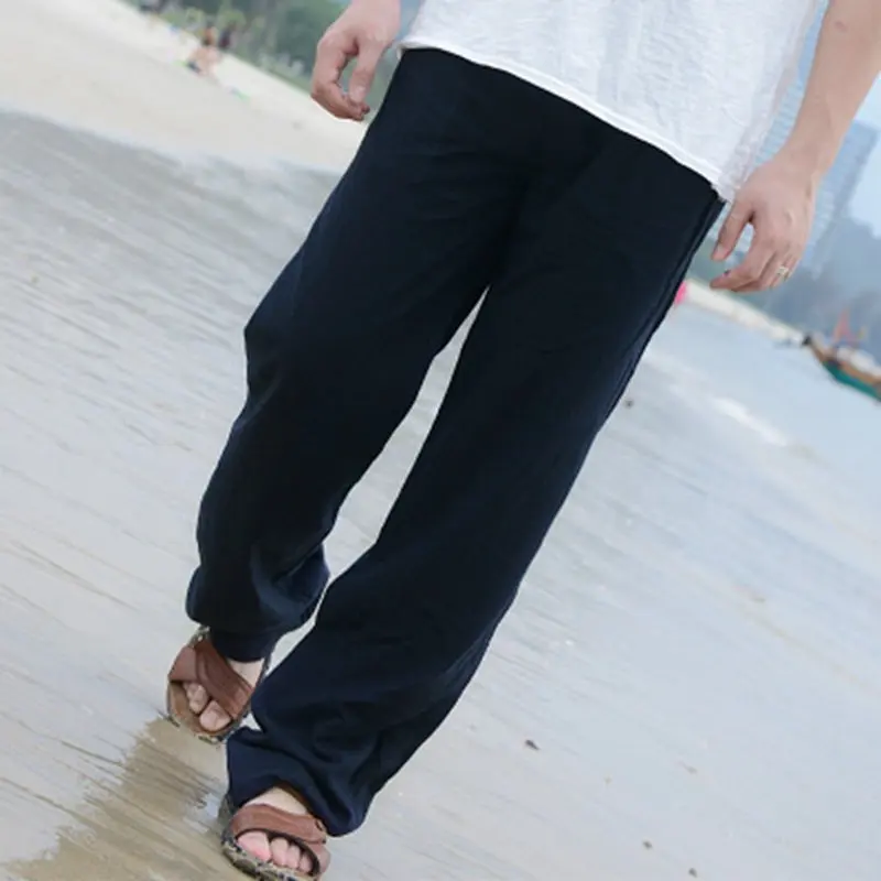 Мужские льняные свободные штаны пляжная на кулиске повседневные длинные Слаксы Брюки пляжные брюки DAJ9211