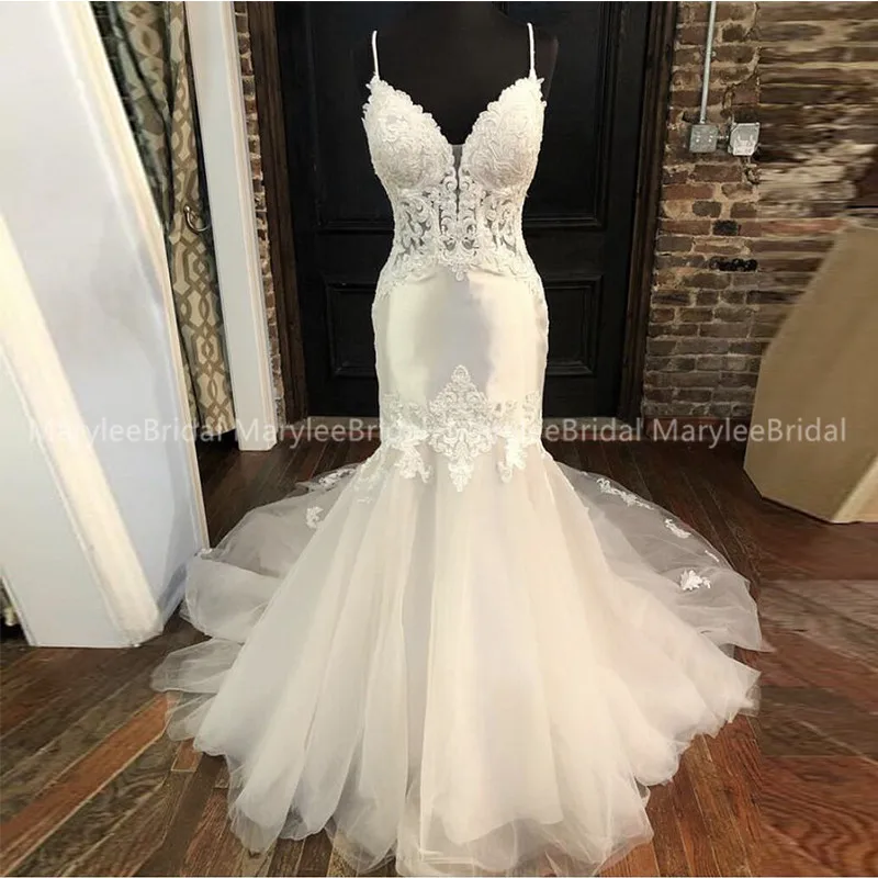 

Vintage Mermaid robe de mariee Spaghetti Straps Wedding Dresses With Appliques Beading Vestido de noiva Tulle Skirt Bridal Dress