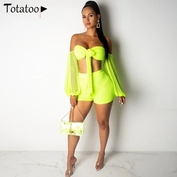 

Totatoop Women Two Piece Set Neon Green Mesh Sheer Bow Tie Crop Tops And Shorts Matching Sets Club Party Outfits For Women