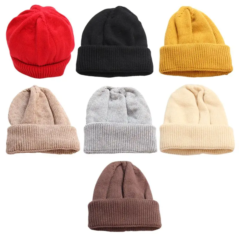 Adults Kids Winter Windproof Warm Knitted Round Top Skull Cap Solid Color Casual Adjustable Brimless Roll Up Cuffed Beanie Hat