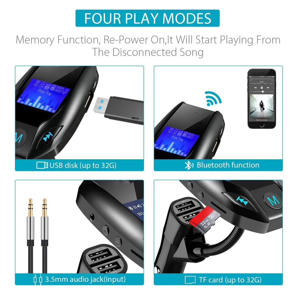 Гарнитура Bluetooth 4,2 fm-передатчик модулятор автомобильное зарядное устройство 2.1A двойной USB адаптер Автомобильный MP3-плеер беспроводной аудио приемник черный