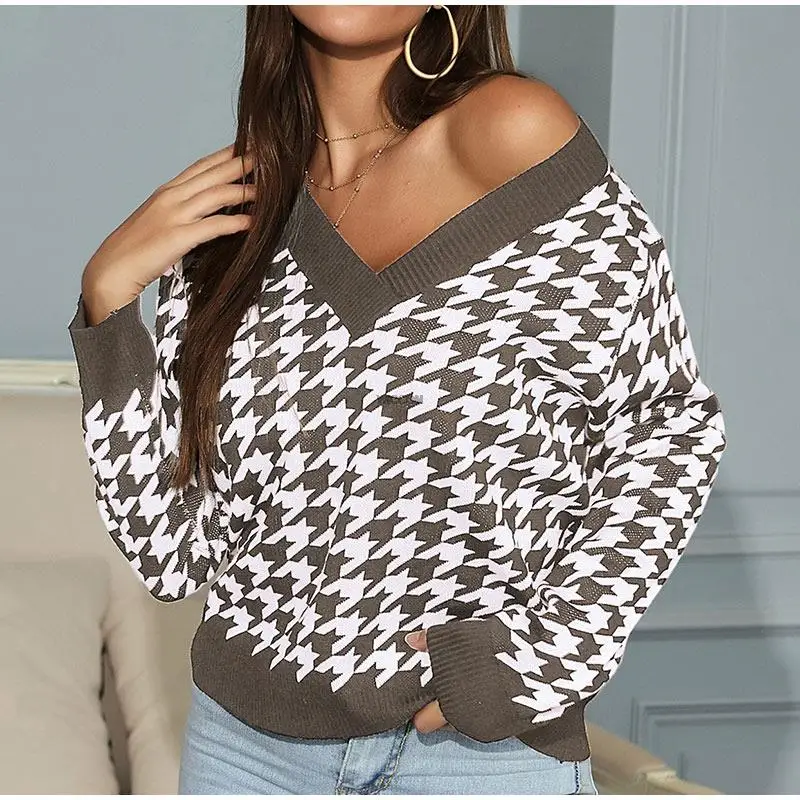 christmas sweaters Sexy Knitted Women Houndstooth Sweater Elegant Deep V-Neck Long Sleeve Warm Pullovers Female 2021 Autumn Lady Causal Knit Jumper ladies cardigans