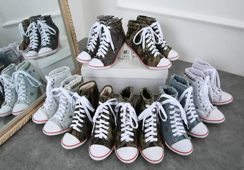 2020 New Women's shoes Denim High heels Rivets Female canvas Pumps lady's Boots Ankle Lace-Up Thick heel and Thin Heels Shoes
