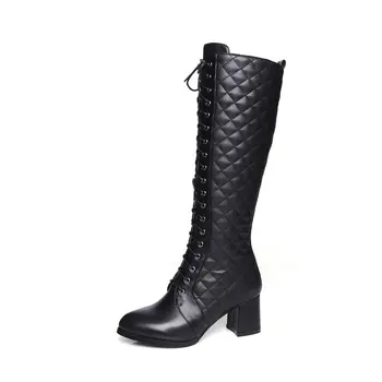 

Fashion Boots Women Knee High Boots High Heels Autumn Winter Motorcycle Boots Genuine Leather Lace-up Boots Shoes Woman