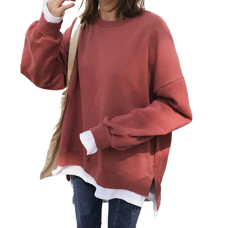 Осень и зима Харадзюку поддельные две части флиса утолщение толстовки 2019 женские корейские свободные топы с длинными рукавами пуловеры