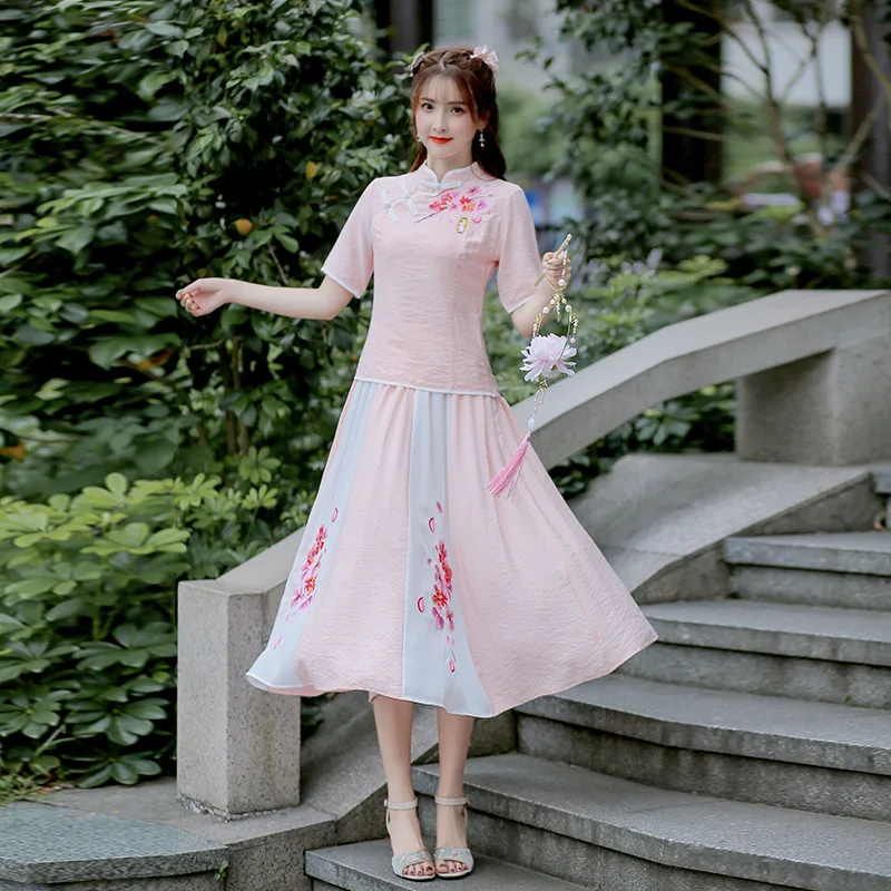 

2020 Spring New Style Ethnic-Style Cotton Linen Retro Frog Embroidered Slim Fit Blouse + Embroidered Skirt Two-Piece Set