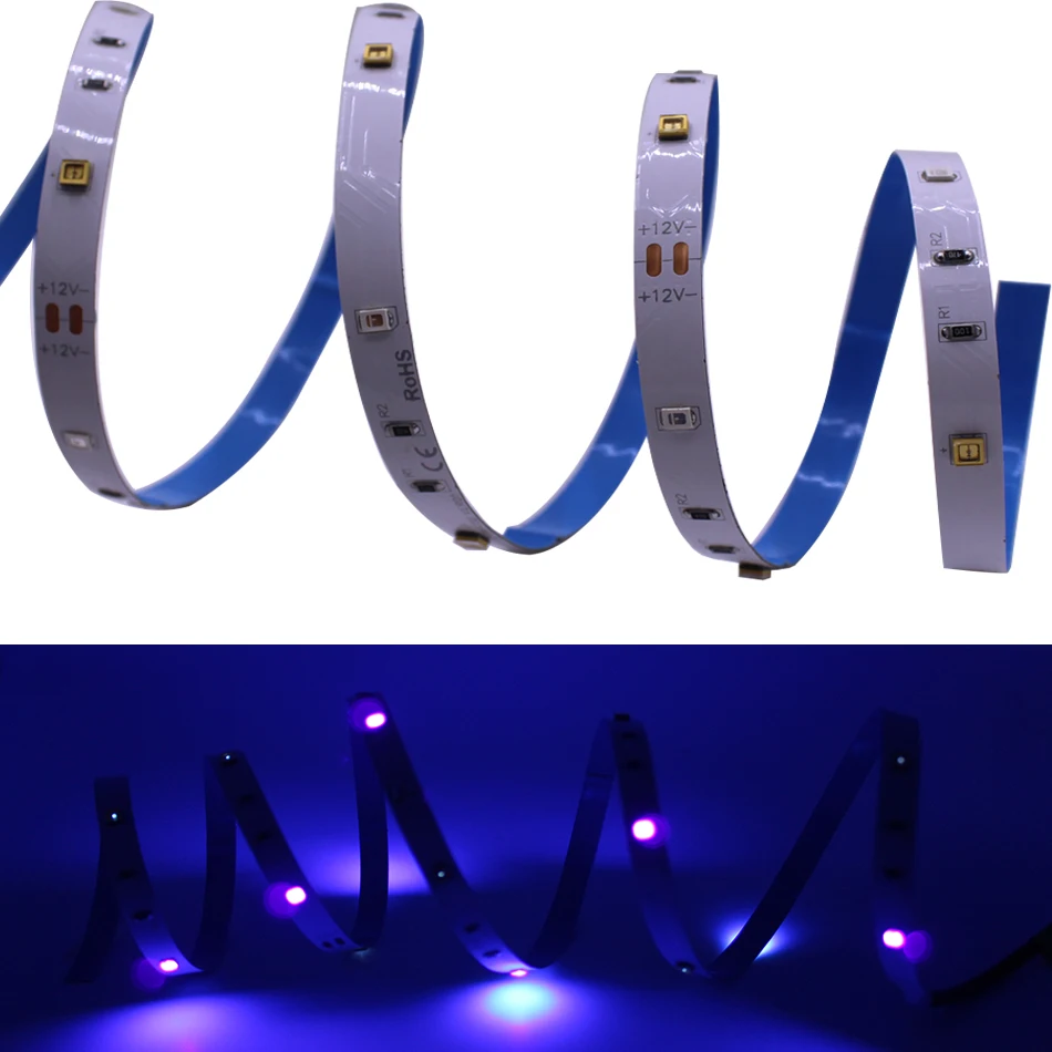 Фото Светодиодная ультрафиолетовая бактерицидная лента 2835 SMD UVC + UV 270nm + 395nm UV270nm + 395nm, световая светильник та, 12 В постоянного тока, 5 В №3