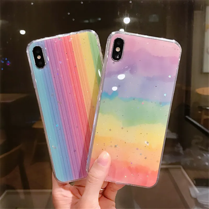 Блестящий ТПУ чехол с радужной звездой для iPhone 12 11 Pro Max силиконовый Mini X XR XS 6s 6 Plus 8 7