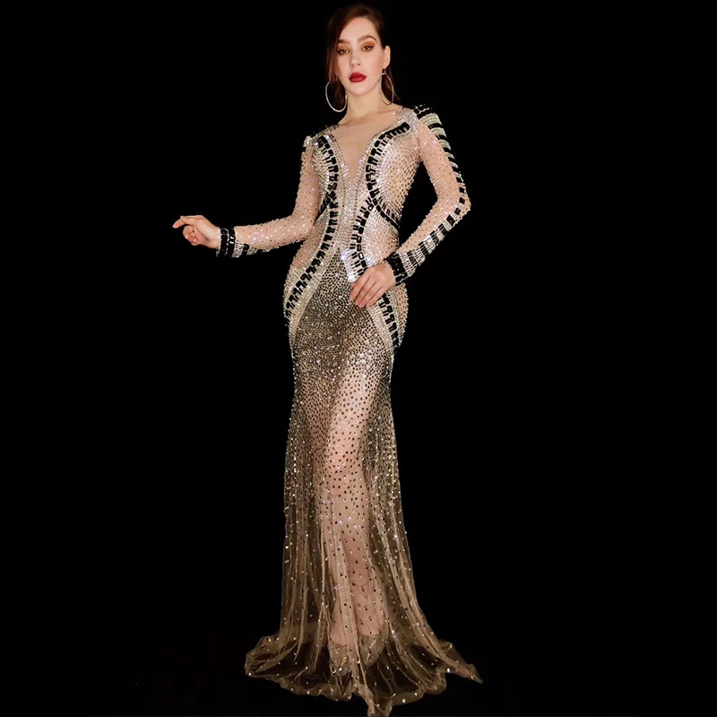 Women Luxury Birthday Celebrate Dress Dancer Party Show Stage Outfit 2025 Sparkly Rhinestone Elastic Mesh See Through Long Dress