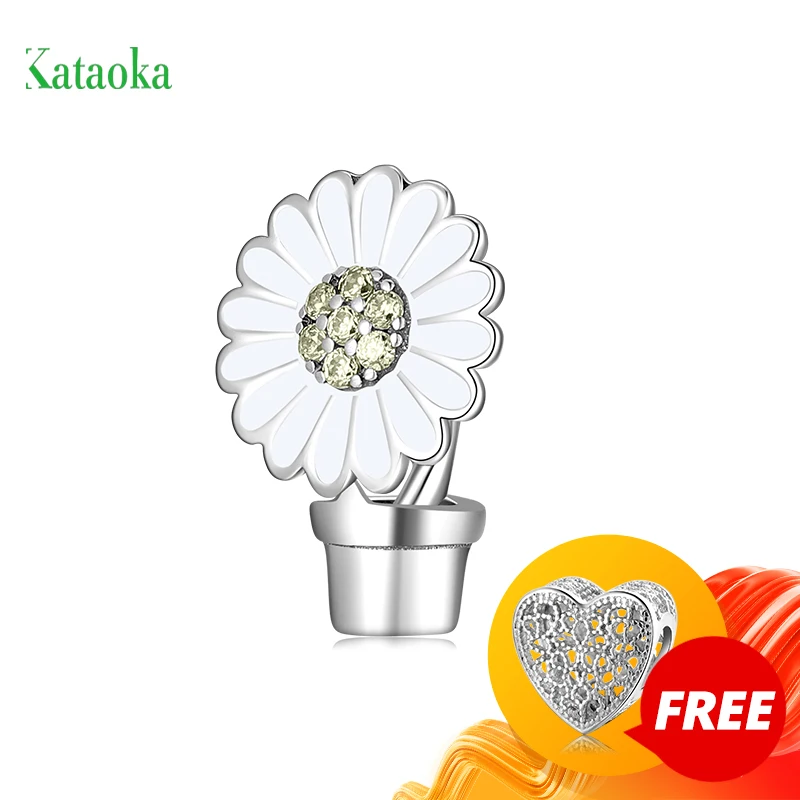 

Fit Original Kataoka Bracelet White enamel Sun flower with Charming CZ dazzling 925 Sterling Silver charms Beads
