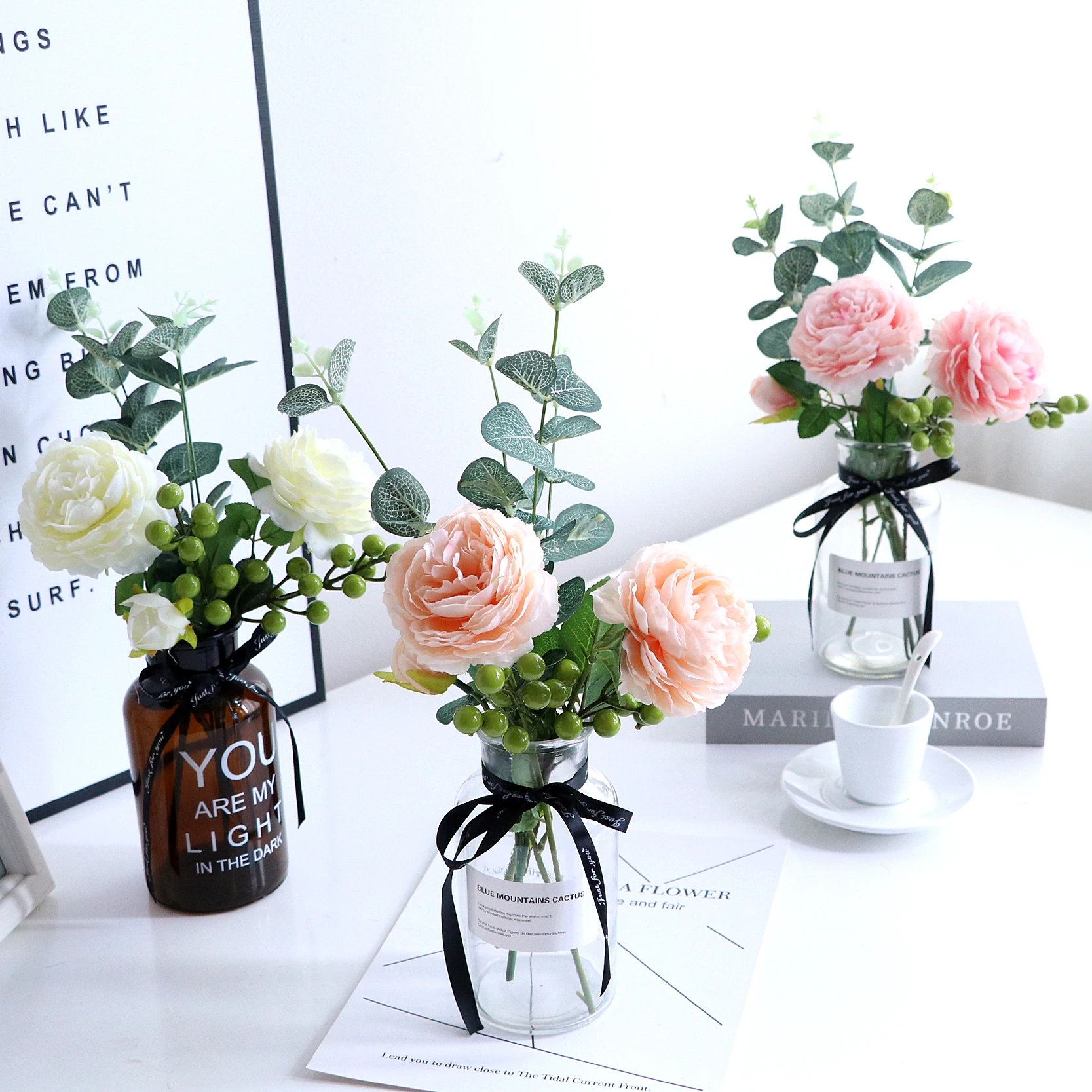 

Modern Glass Vase +Artificial Flower Set Decor Office Furnishing Decoration Crafts Livingroom Silk Fake Flower Pot Ornaments art