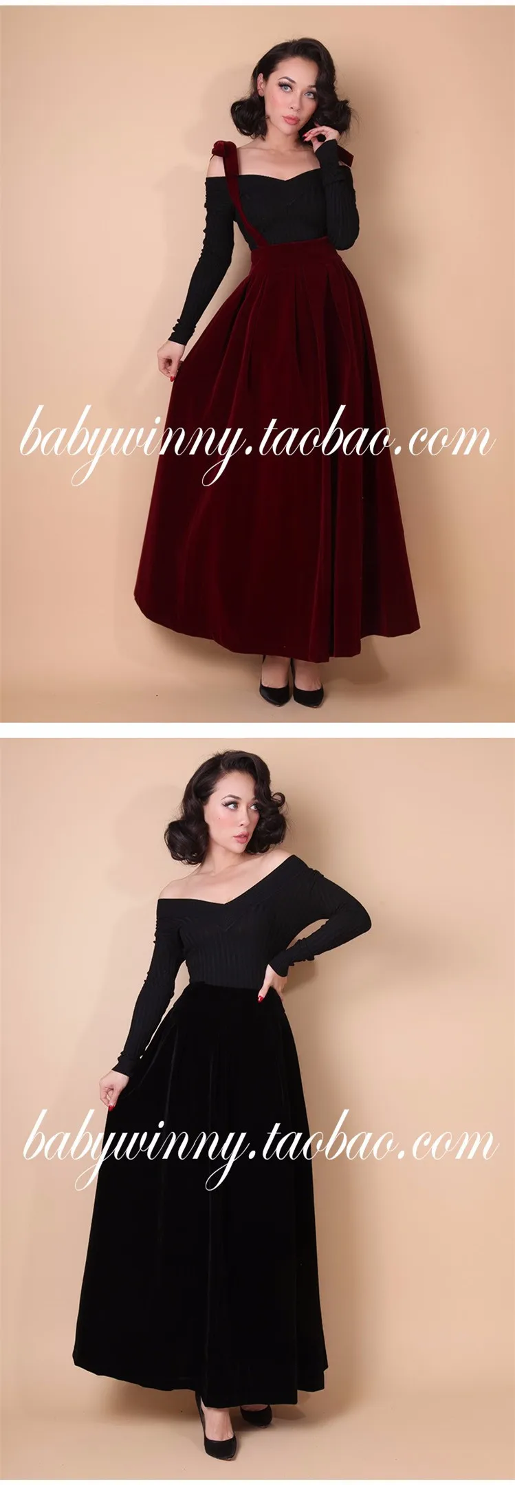 30-Женская винтажная Вельветовая юбка на подтяжках, 50 s, черная, бордовая длинная юбка, плюс размер, faldas jupe longue, велюровый комбинезон, юбки