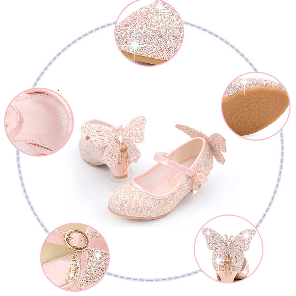 Детская блестящая обувь для девочек; chaussures prinsessen schoenen; блестящие босоножки с бантом; модельные туфли на высоком каблуке