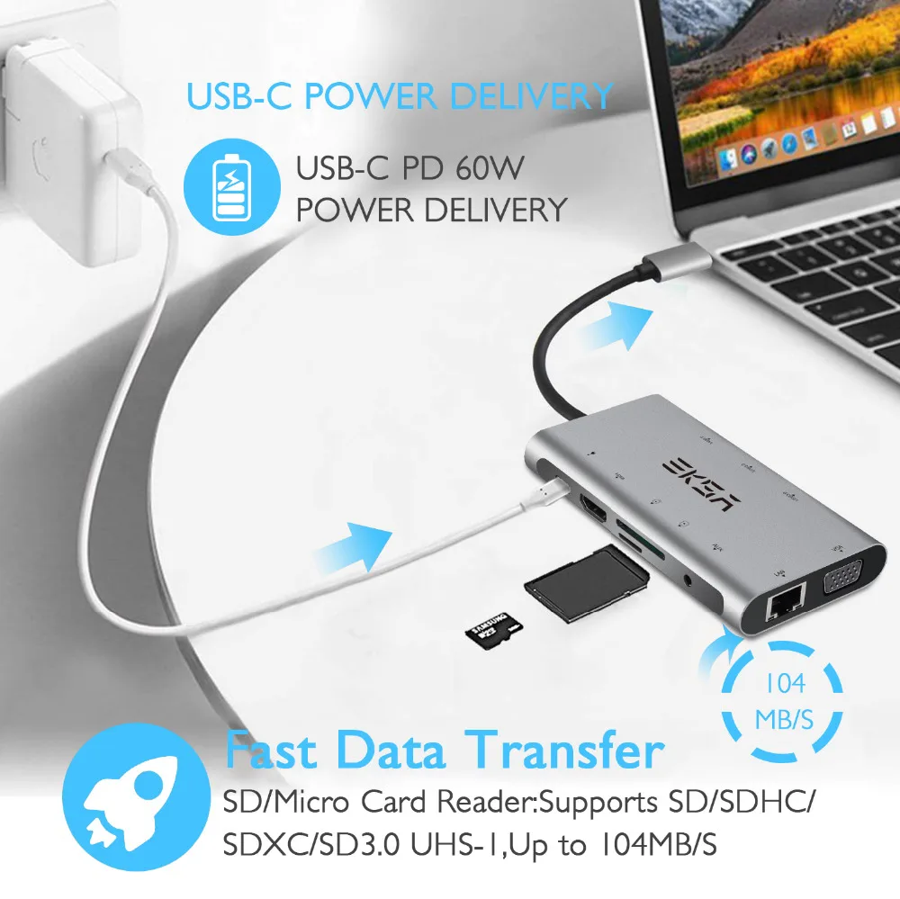  EKSA USB HUB 10 in 1 Type C HUB 3.0 with 3 USB 3.0 Port 4K HDMI 1080P VGA RJ45 3.5mm Jack Card Read