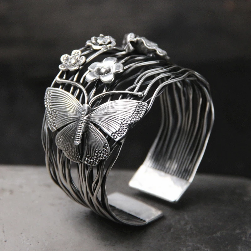 

Butterfly And Flower Bracelet Open Retro 925 Sterling Silver Thai Silver Wide Layered Bangle Personality Fashion Luxury Jewelry
