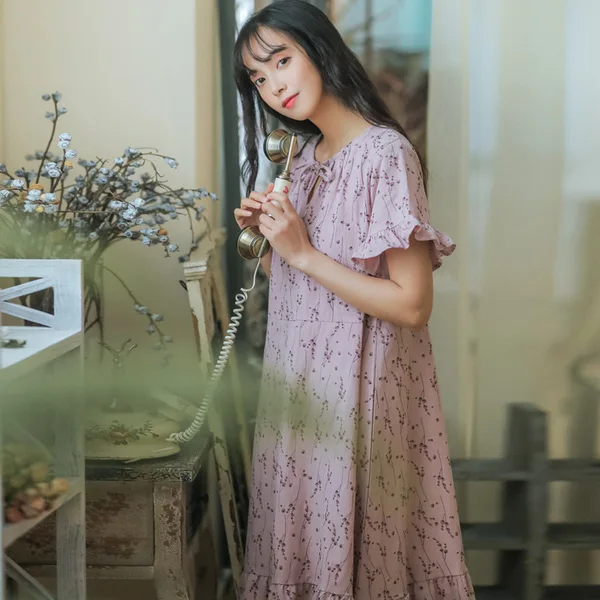 

Summer New Style Crew Neck Floral Print Loose-Fit Mid-length Dress Literature And Art Hipster Large Size GIRL'S Skirt S26402