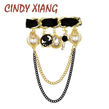 

CINDY XIANG New Arrival Pearl Chain Tassel Brooches For Women Cloth Twisted Pin Brooch Hanging Jewelry New Winter Design