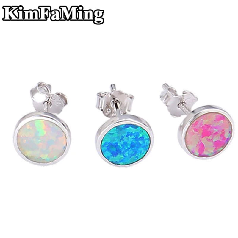Small Trendy Girl Boy Casual Silver Opal Round Stud Earrings Simple Design Sporty Fine Jewelry Blue/Pink/White Gemstone OPE014 | Украшения