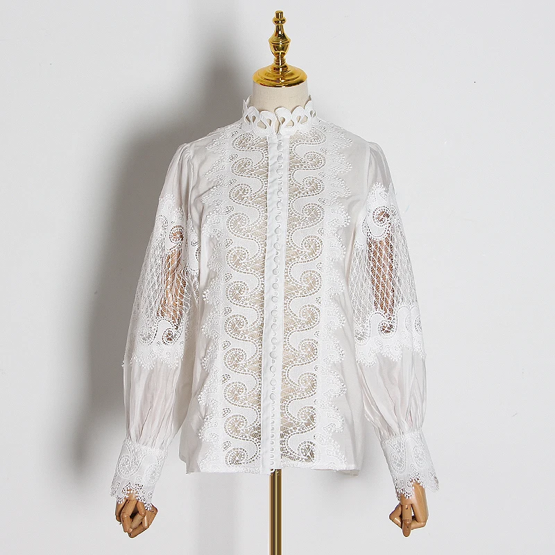 

Patchwork Lace Hollow Out Shirts For Female Turtleneck Flare Long Sleeve Women's Blouses Fashion Clothing Tide 45