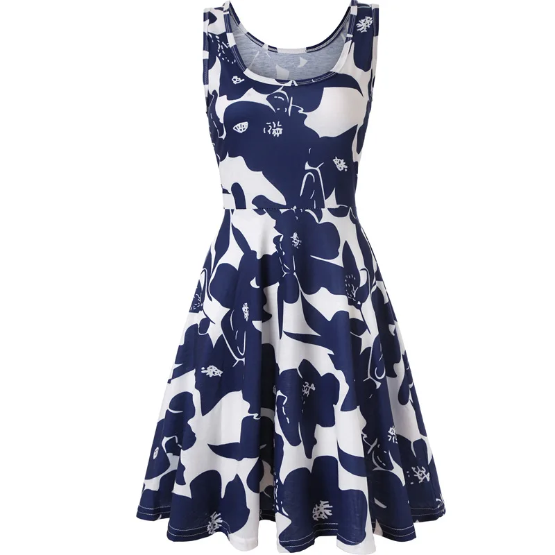 Plus Size Women Sleeveless O-Neck Print Dress Casual Sweet Vintage Floral A-Line Party Dress Summer Beach Dress Vestidos