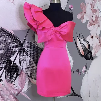 

Sexy Rose Red One Shoulder Ruffled Dress Women Summer Cocktail Party Midi Dresses Robe 2020 African Bow Tie Bodycon Vestiods