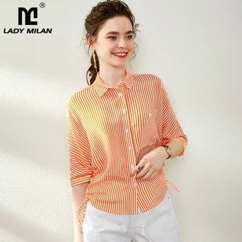 

100% Pure Silk Women's Shirts Turn Down Collar 3/4 Sleeves Striped Printed Lace Up Fashion Casual Shirt