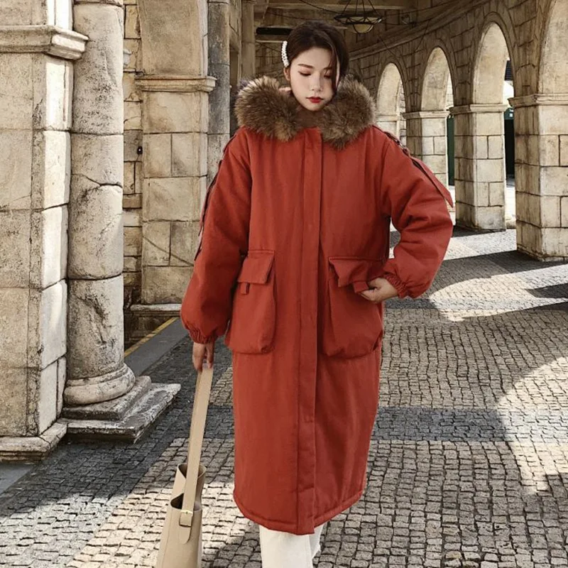 

Photo Shoot Main Push CHIC Rust Red over-the-Knee Long Loose-Fit BF down Coat Hooded Raccoon Fur Collar Workwear Cotton-padded C