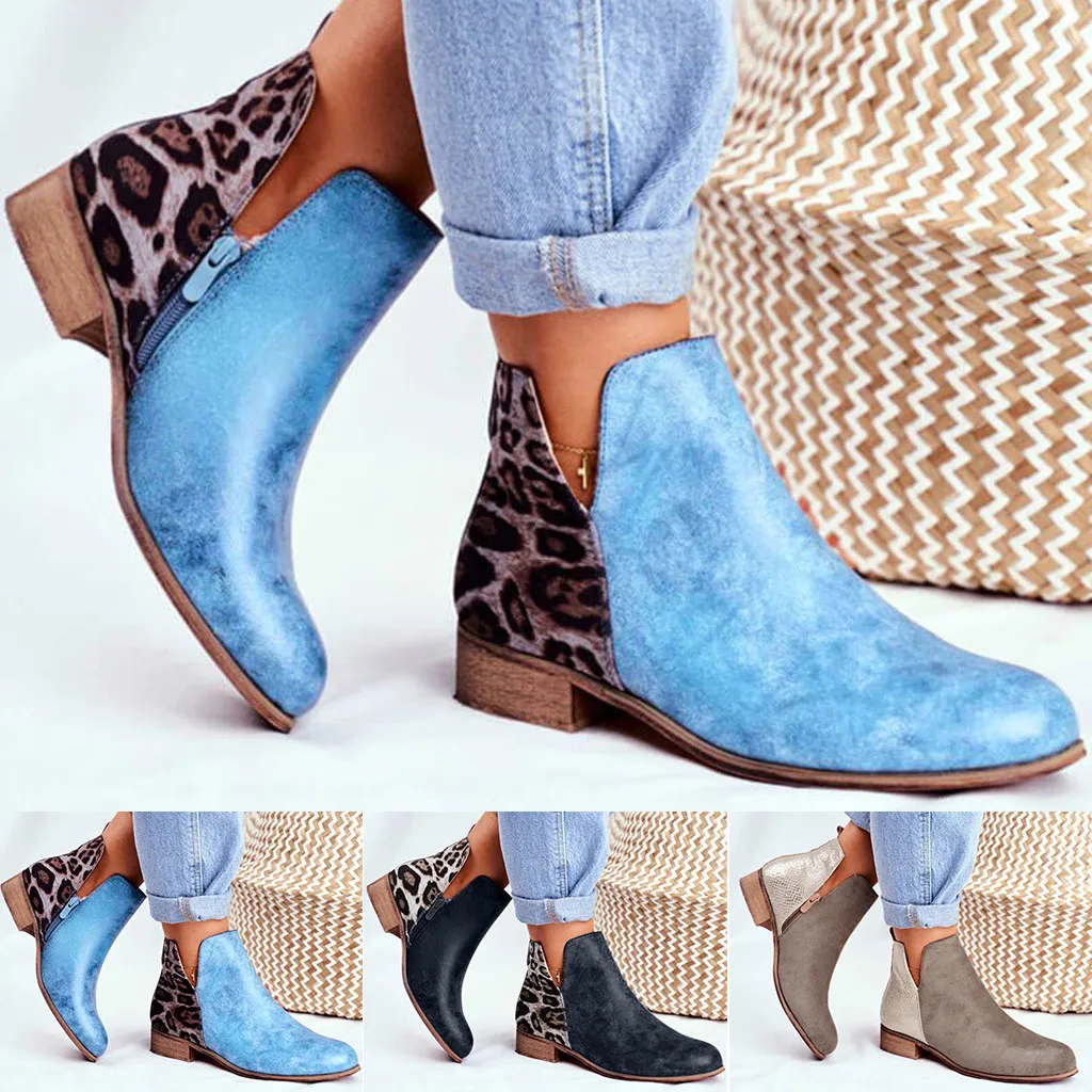 Women's Shoes Autumn Ankle Boots Fashion Flock Zipper Ladies Botas Leopard Print Female High Heels Woman Footwear 2020 New | Обувь